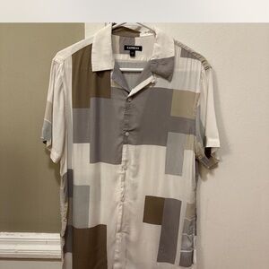 Express Rayon Button Up Shirt Gray and Brown